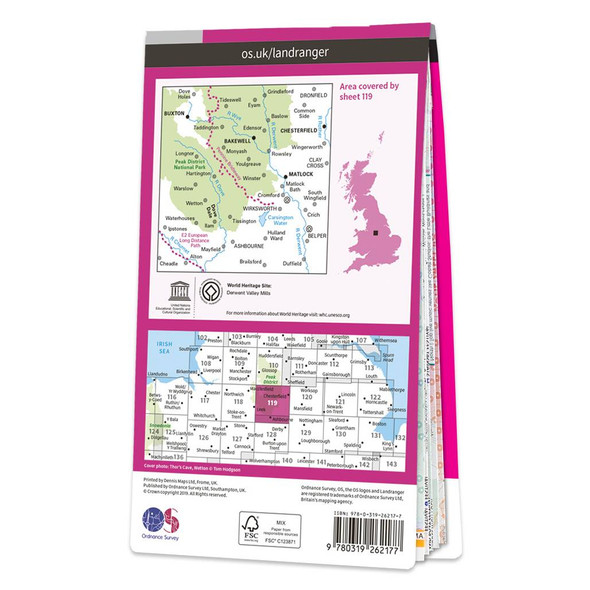 Rear pink cover of OS Landranger Map 119 Buxton & Matlock showing the area covered by the map and the wider area