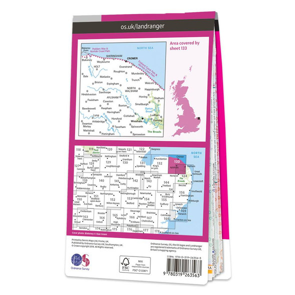 Rear pink cover of OS Landranger Map 133 North East Norfolk showing the area covered by the map and the wider area