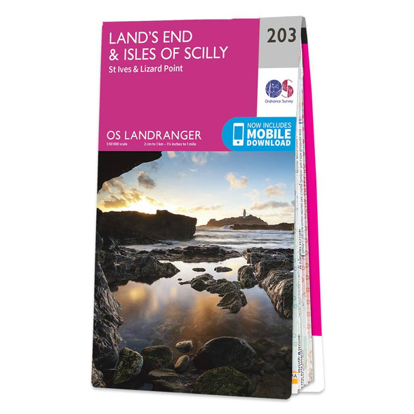Pink front cover of OS Landranger Map 203 Land's End & Isles of Scilly