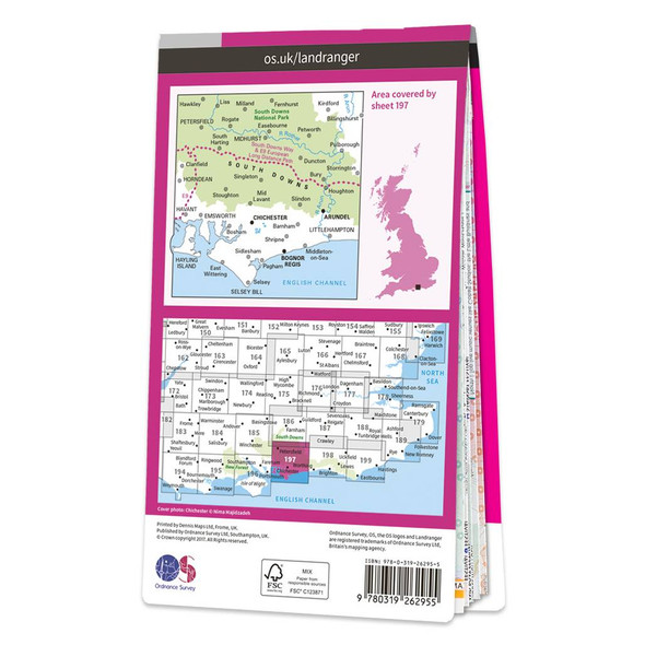 Rear pink cover of OS Landranger Map 197 Chichester and the South Downs showing the area covered by the map and the wider area