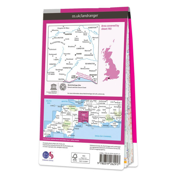 Rear pink cover of OS Landranger Map 193 Taunton & Lyme Regis showing the area covered by the map and the wider area