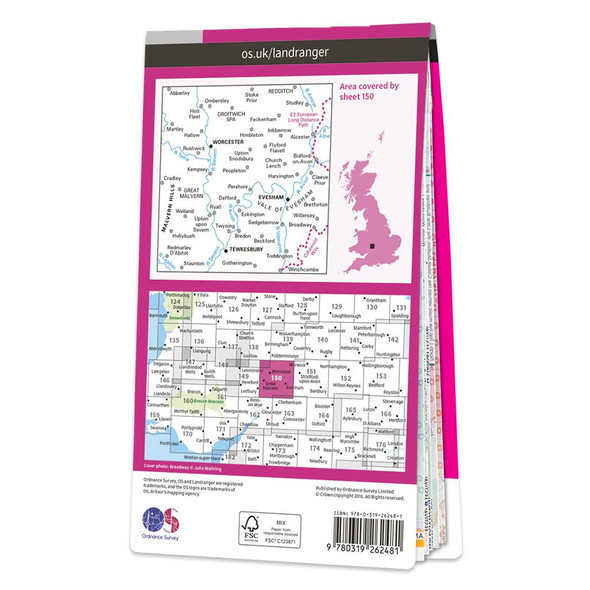 Rear pink cover of OS Landranger Map 150 Worcester and the Malverns showing the area covered by the map and the wider area