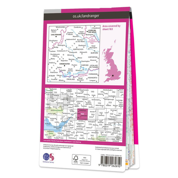 Rear pink cover of OS Landranger Map 163 Cheltenham & Cirencester showing the area covered by the map and the wider area