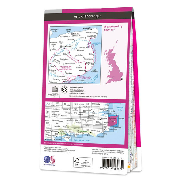 Rear pink cover of OS Landranger Map 179 Canterbury & East Kent showing the area covered by the map and the wider area