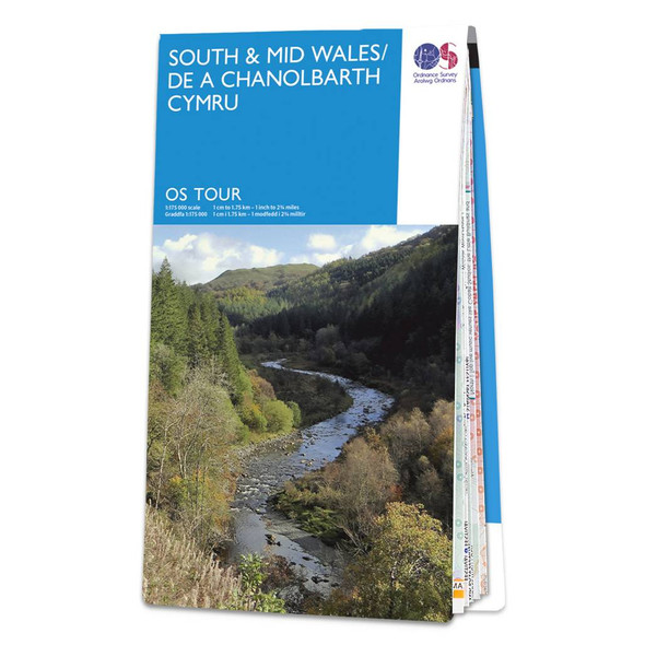 Mid-blue front cover of OS Tour Map of South and Mid Wales