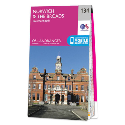 Pink front cover of OS Landranger Map 134 Norwich & The Broads