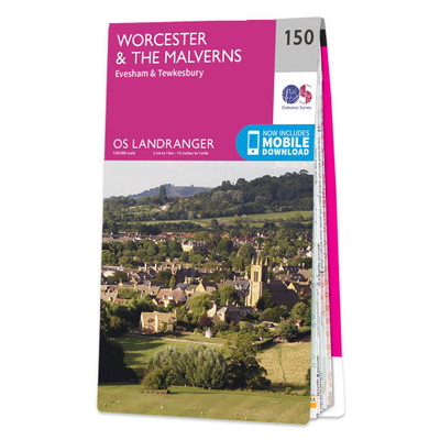 Pink front cover of OS Landranger Map 150 Worcester and the Malverns