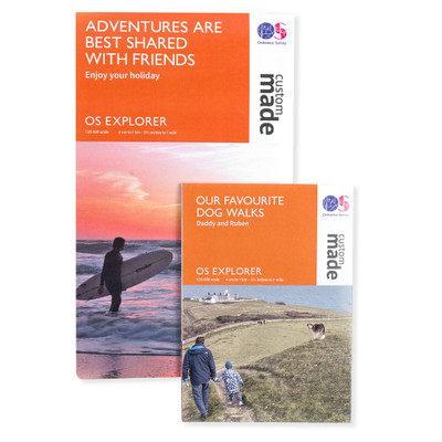 Orange front cover of 2 OS Custom Made Explorer Maps with the titles Adventures are Best Shared with Friends and Our Favourite Dog Walks