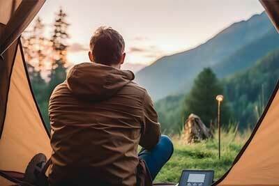 Person sitting in a tent, camping