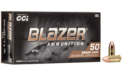 A 50-round retail box of Blazer Brass 9mm Luger ammunition with two individual brass-cased full metal jacket cartridges standing next to the packaging against a white background.