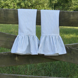 2 Blue Ticking Stripe Kitchen Tea Towels hanging on fence