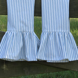 Closeup of pair of blue ticking stripe tea towels