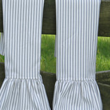 Closeup of 2 gray ticking stripe towels