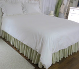 Green Ticking Stripe Dust Ruffle with white bedspread and shams