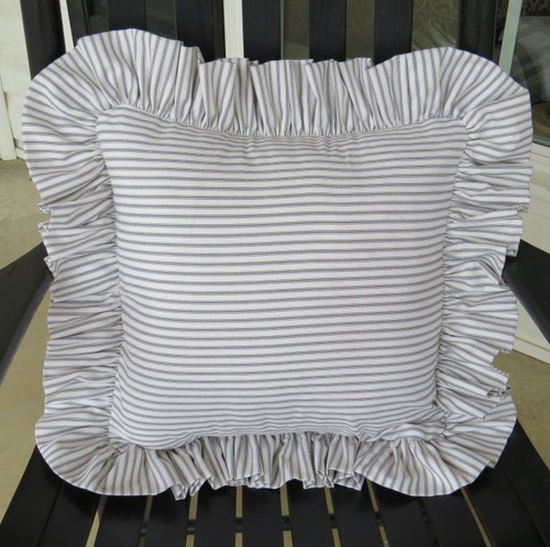 Gray Ticking Stripe Ruffled Decorative Pillow