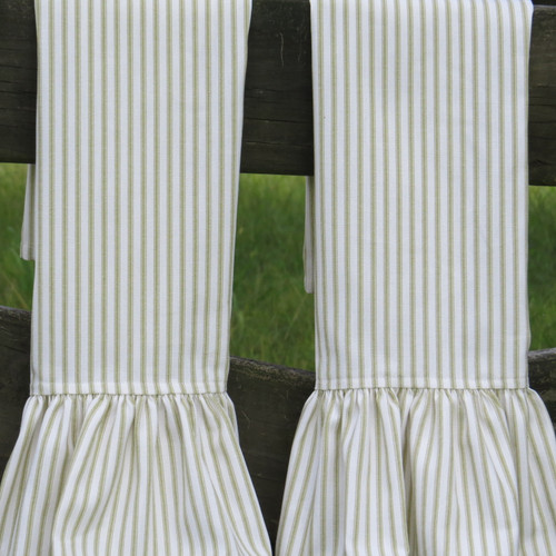 Closeup of pair of Green Ruffled Ticking Stripe Towels