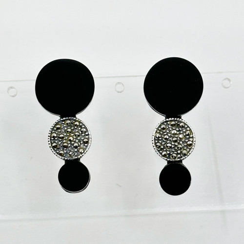Sterling silver onyx & marcasite earrings SKU-28