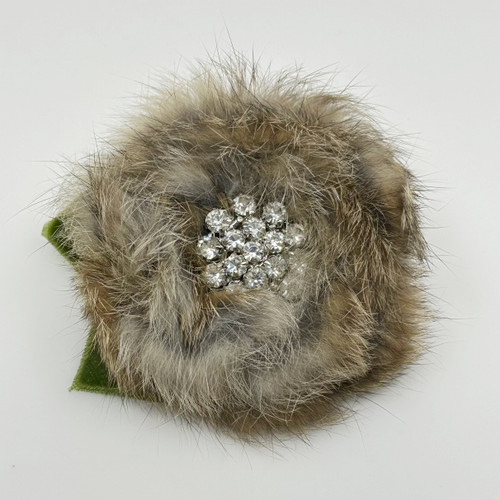 Hand Made fur & rhinestone flower brooch SKU-49