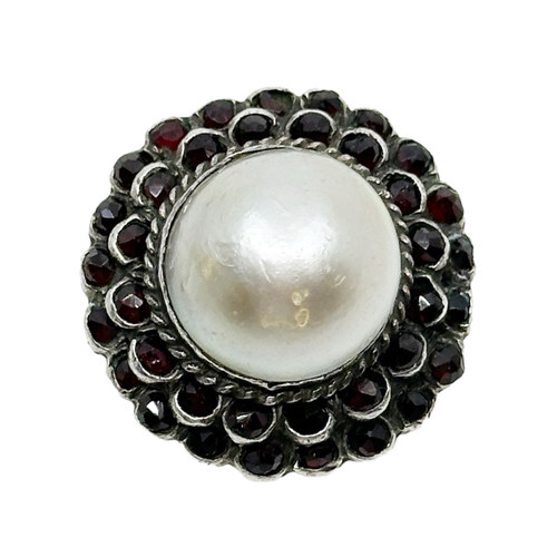 Vintage Sterling silver Mabe pearl & bohemian cut garnet ring SKU-62