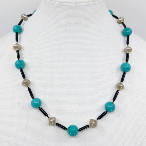 Sterling silver Turquoise & onyx bead necklace SKU-874