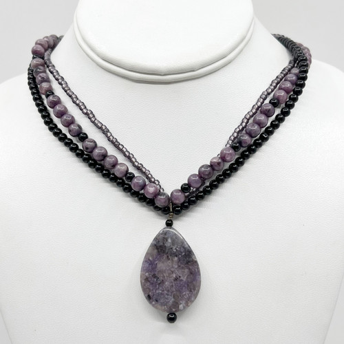 Sterling silver amethyst & onyx bead necklace SKU-882