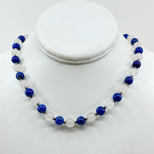 Sterling silver quartz & lapis lazuli bead necklace SKU-824
