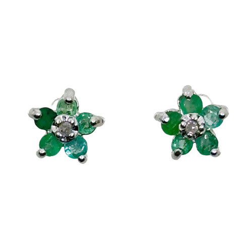 Sterling silver emerald & diamond flower stud earrings SKU-831