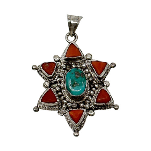 Vintage sterling silver Coral & turquoise Star of David pendant SKU-849