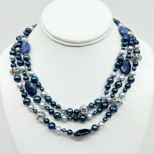 sterling silver pearl & sodalite bead necklace SKU-956