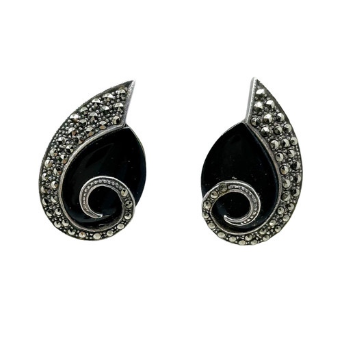 sterling silver onyx & marcasite earrings SKU-1175