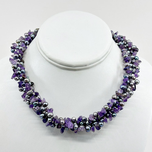 sterling silver pearl & amethyst beads torsade necklace SKU-1176