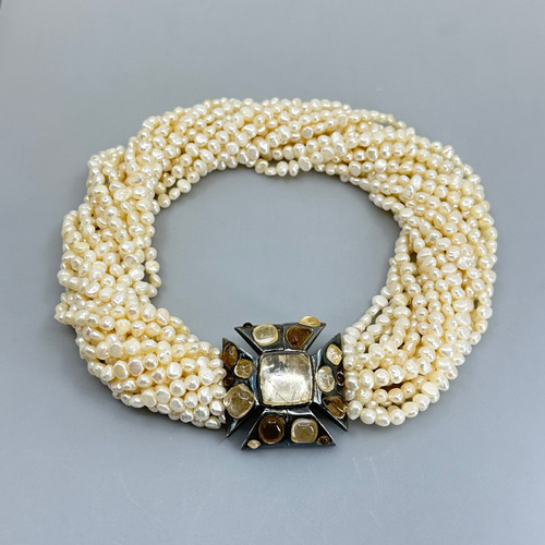 Francesca Romana silver glass cabochon & freshwater pearl torsade necklace SKU-1119