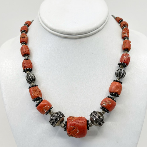 Tribal Sterling silver Mediterranean coral necklace SKU-949