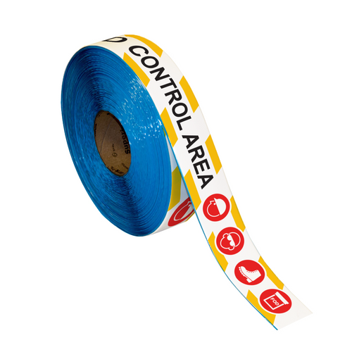 Superior Mark® Floor Tape - 2" x 100' - FOD CONTROL AREA - Yellow/White Hazard Bkgd/Black Text Superior Mark® Floor Tape - 2" x 100' - FOD CONTROL AREA - Yellow/White Hazard Bkgd/Black Text