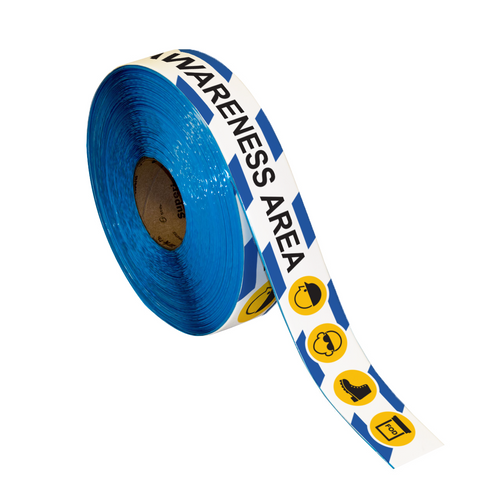 Superior Mark® Floor Tape - FOD AWARENESS AREA - Blue/White Hazard Bkgd/Black Text Superior Mark® Floor Tape - FOD AWARENESS AREA - Blue/White Hazard Bkgd/Black Text