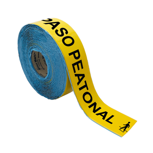 Superior Mark® Repeating Message Floor Tape - 3'' x 100' - Spanish - PASO PEATONAL  - Yellow Bkgd/Black Text with Icon