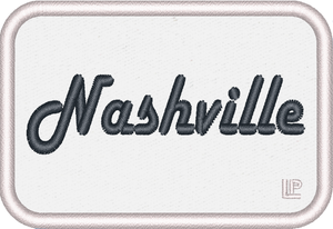 Nashville, 75% embroidery, patch, navy thread on white Nashville, 75% embroidery, patch, navy thread on white