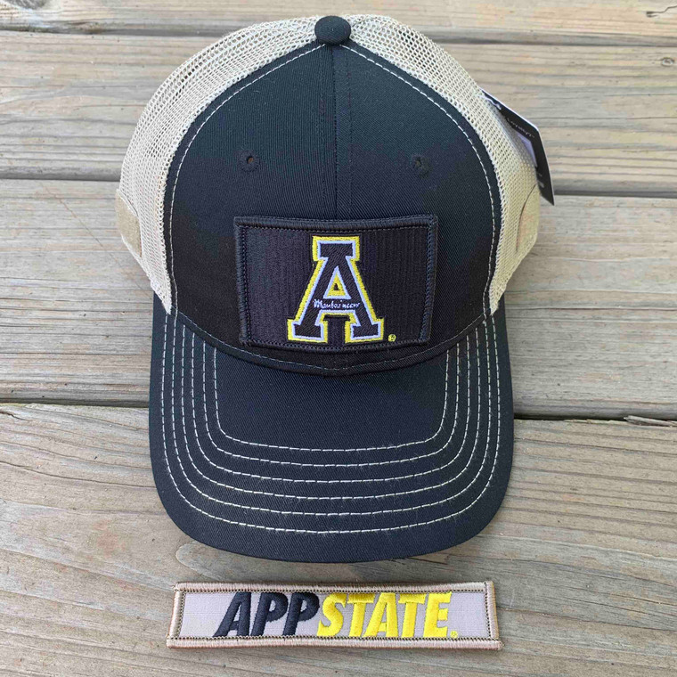 Appalachian State Gift Set - Black and Tan Mesh Ball Cap with Two Patches - Black A