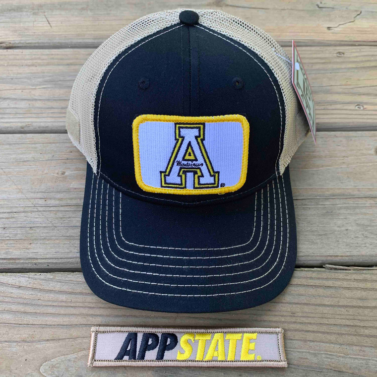 Appalachian State Gift Set - Black and Tan Mesh Ball Cap with Two Patches - White A