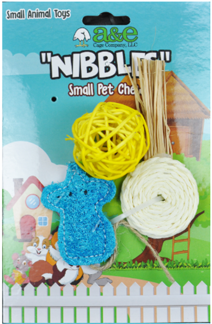 A&E Nibbles Loofah Mouse, Ball & Lollipop Small Animal Chew Toys, 3 pk