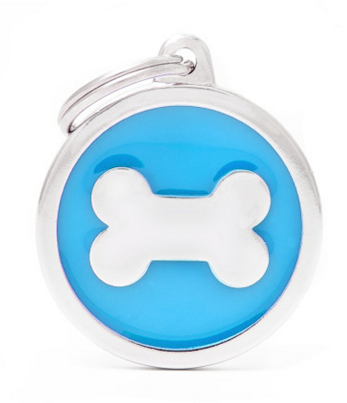 Myfamily Enamel Light Blue Circle with Bone Personalized Dog ID Tag