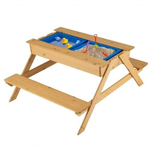 3-in-1 Kids Picnic Table Wooden Outdoor Water Sand Table with Play Boxes B593-HY10016