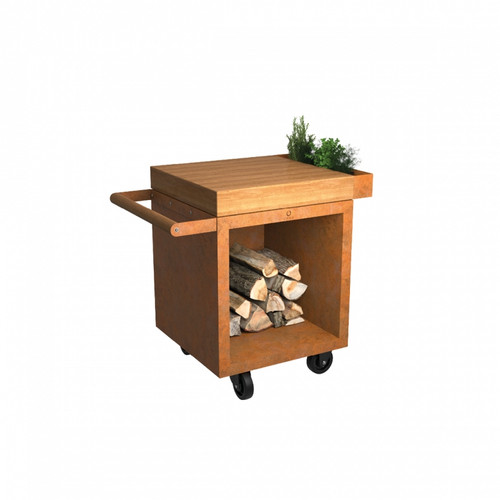 OFYR Mise En Place Table Corten 65 PRO Teak Wood Mobile Prep Station