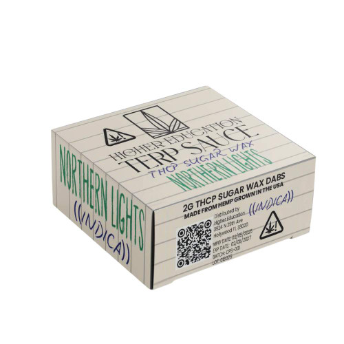 Higher Education THCP Sugar Wax 2G Northern Lights Indica concentrate jar with golden terpene-rich sugar wax texture