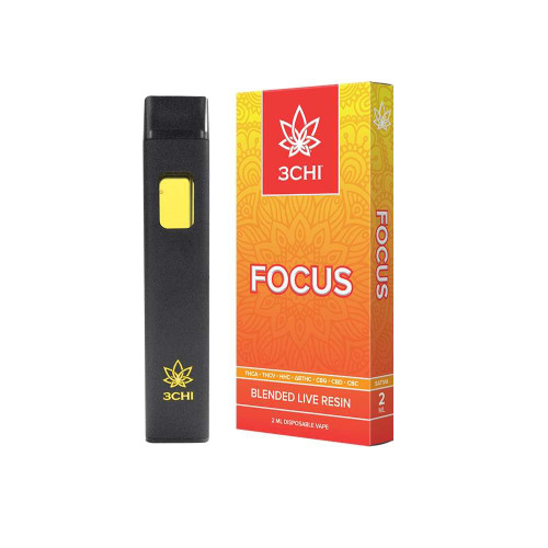 3CHI Vibes Focus 2mL Live Resin Disposable Vape with THCA live resin and uplifting terpene blend in a rechargeable portable vape device.