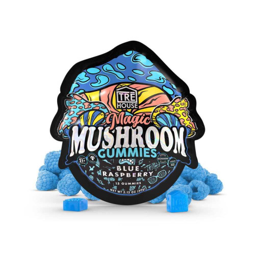 Tre House Magic Mushroom Gummies Blue Raspberry flavor, deep blue gummies with sour coating, presented in a 15-count pouch with bold raspberry-inspired design.