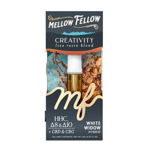 Creativity Blend White Widow 2ml vape cartridge packaging and product display. White Widow hybrid live resin vape cartridge with golden oil detail