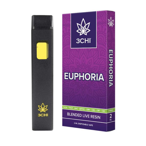 3CHI Vibes Euphoria 2mL Live Resin Disposable Vape with THCA live resin and uplifting terpene blend in a sleek rechargeable disposable device.