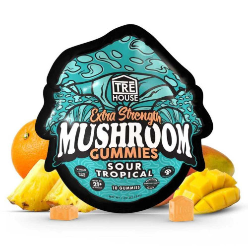 Tre House Magic Mushroom Gummies Sour Tropical flavor, multi-colored gummies inspired by tropical fruits, displayed in a 15 ct pouch with vibrant island-style graphics.