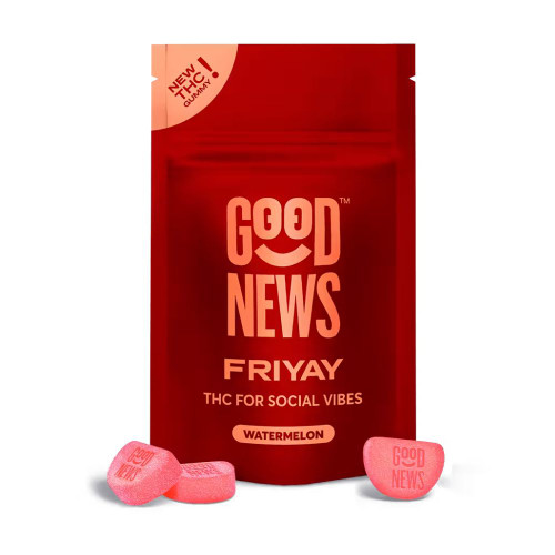 Good News Friyay 10mg Delta 9 THC Watermelon Gummies 10-pack pouch on white background